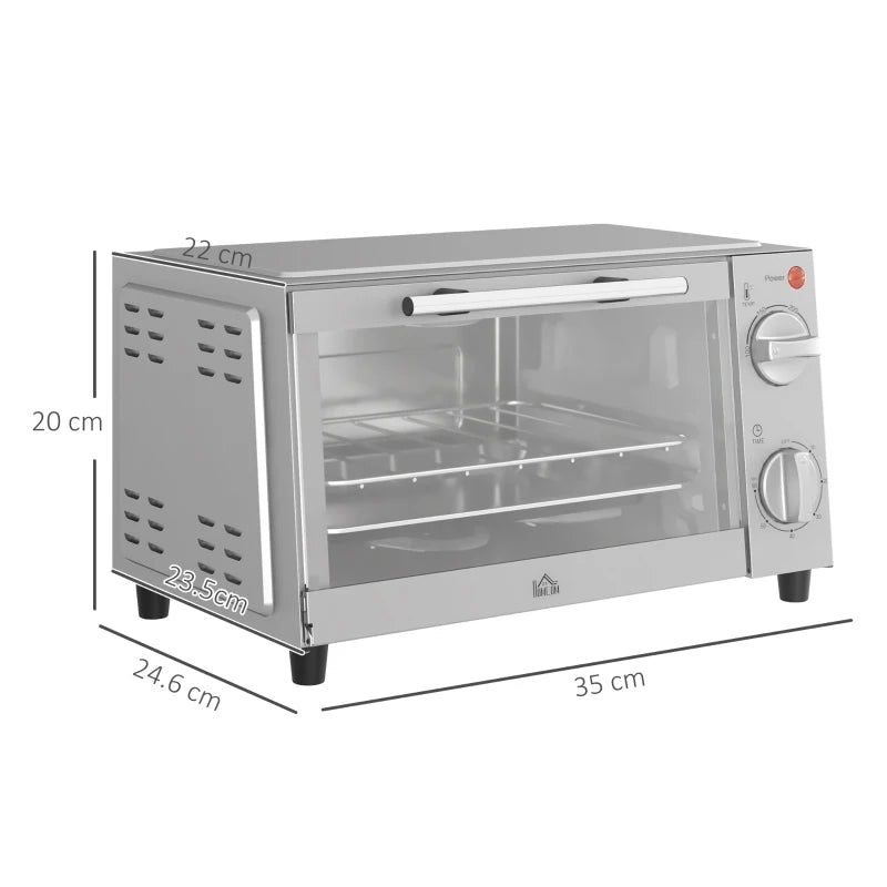 Compact 9L Mini Oven & Electric Grill - Adjustable Temp, Timer, Dishwasher Safe Tray, 750W, Silver Countertop Toaster Oven