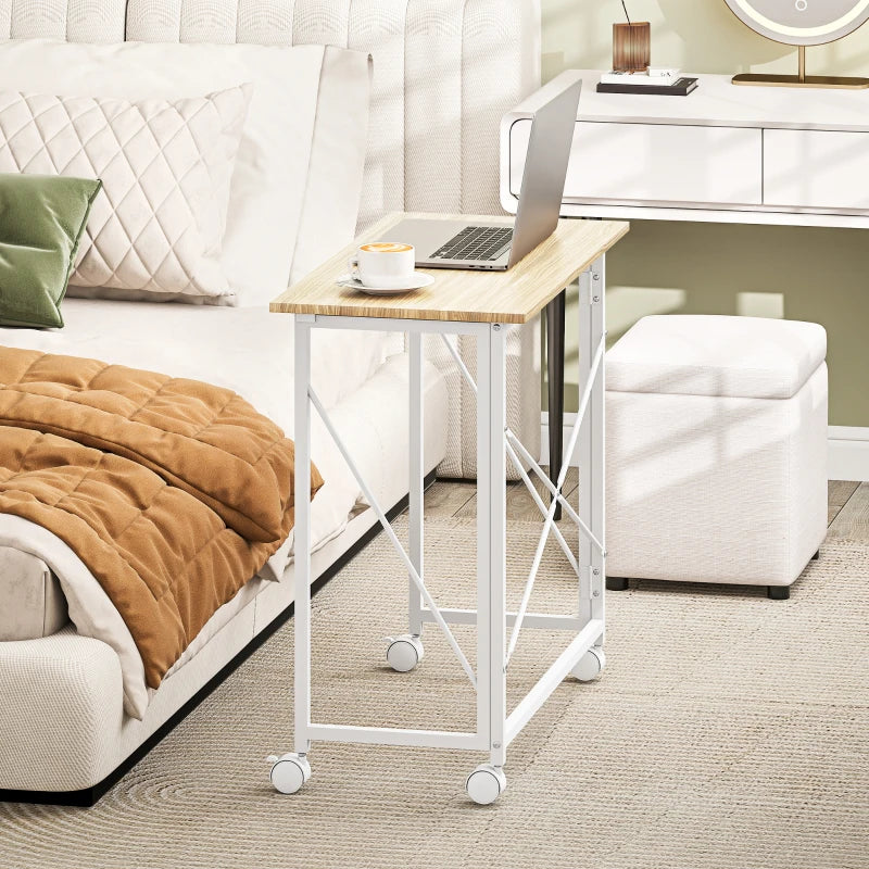 80 cm Folding Desk on Wheels - Natural Tone, Space-Saving Portable Workstation for Home Office, Study, and Crafting