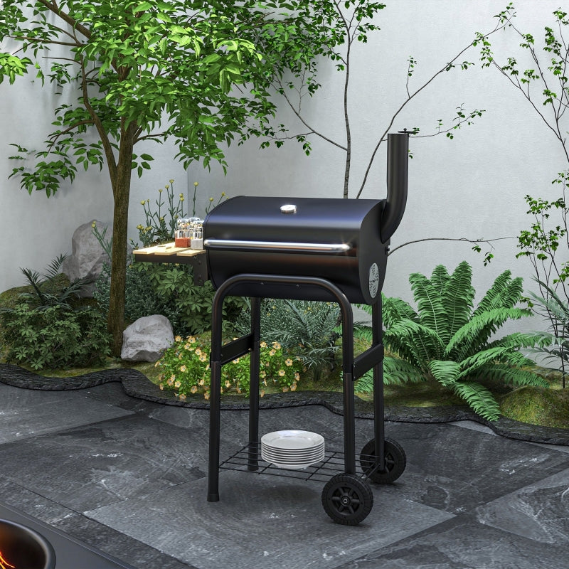 Charcoal BBQ Grill with Thermometer, Shelves, and Wheels - Black