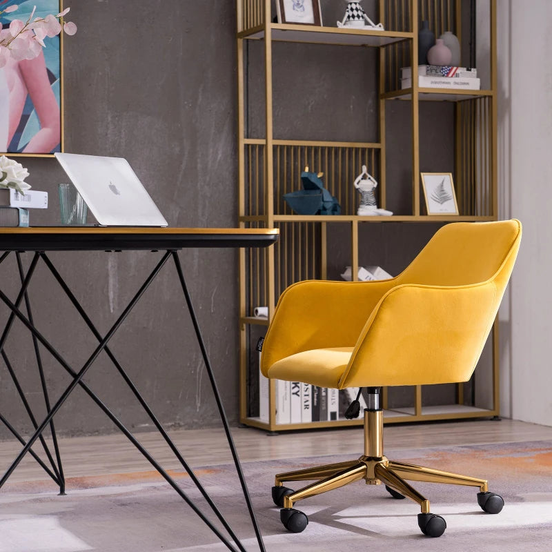 Ergonomic Yellow Velvet Swivel Office Chair with Gold Legs and Adjustable Height, 58x58x86 cm