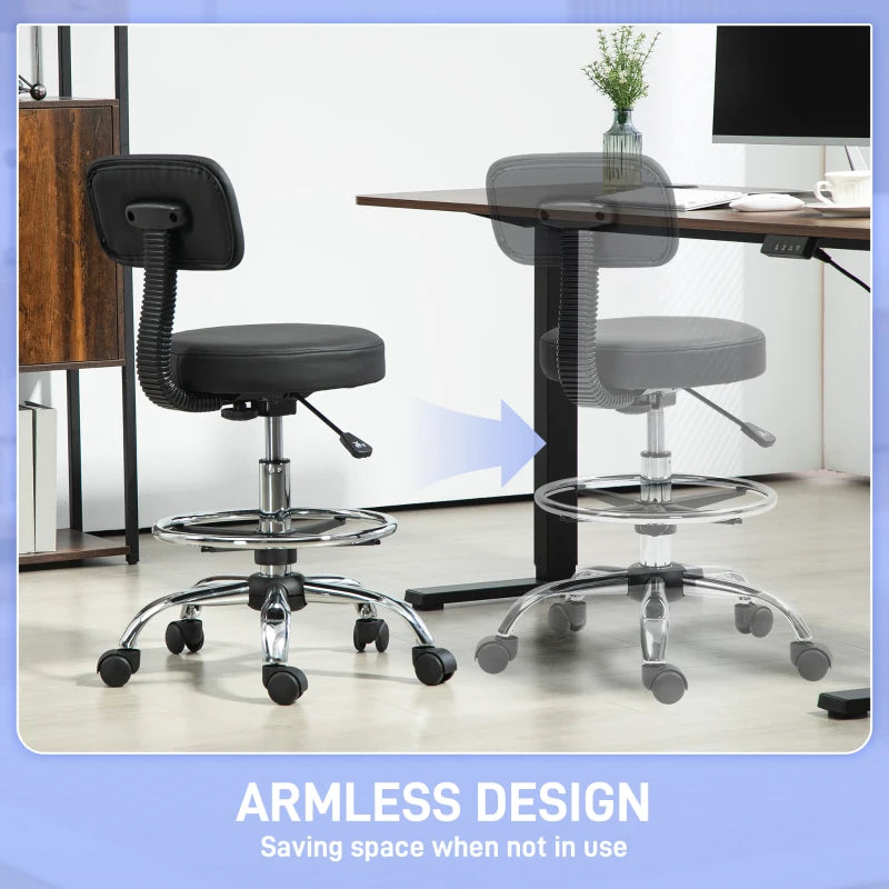 Ergonomic Drafting Chair with Backrest & Adjustable Footrest - Leather Padded Rolling Office Stool for Home & Office, Black