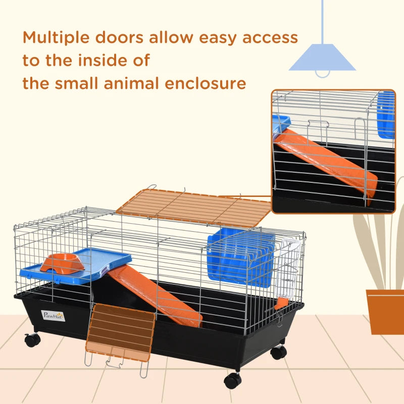 Spacious Small Animal Cage for Rabbits, Guinea Pigs & Chinchillas - Includes Wheels, Water Bottle, Food Dish, Ramp - 89x44x43 cm Black