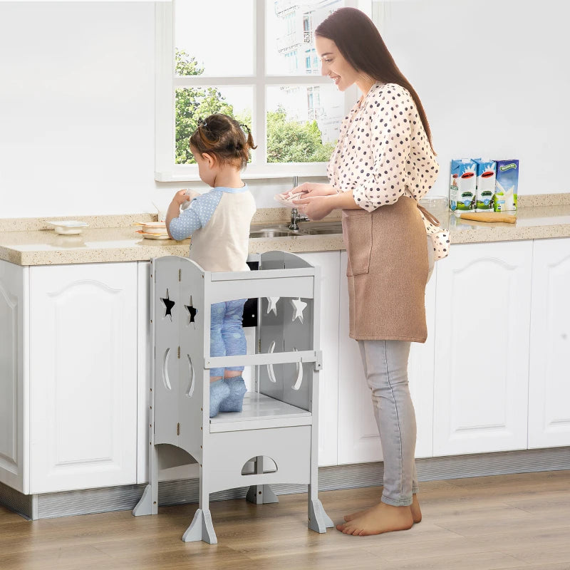 Kids Step Stool with Blackboard & Lockable Handrail - Toddler Kitchen Stool for Safe Counter Access - Grey