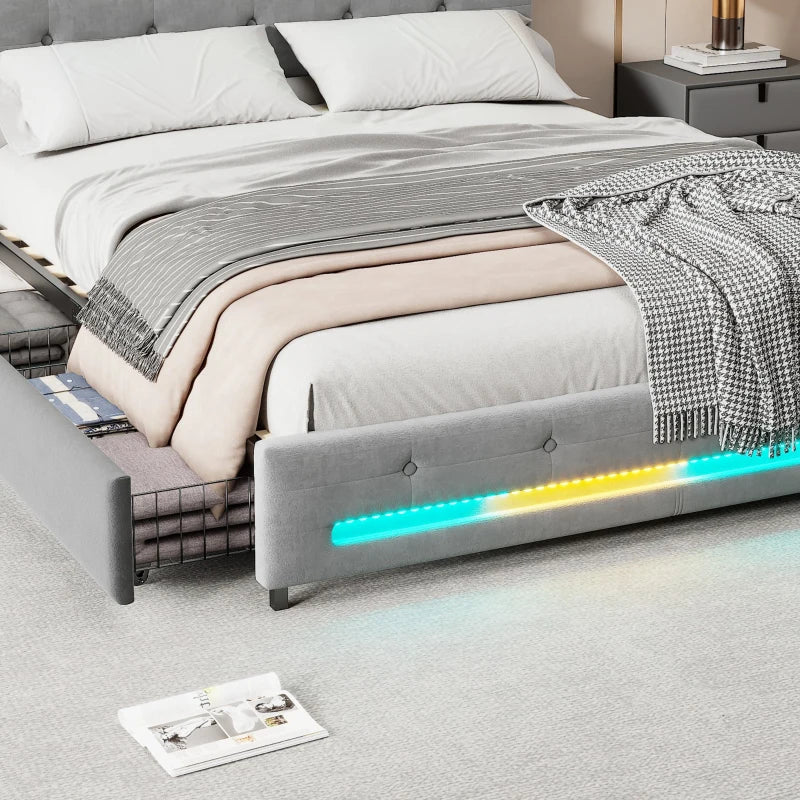 Velvet Upholstered Double Bed with Storage & LED Lights - Soft Backrest, 4 Drawers, Gray - 198x140x98 cm