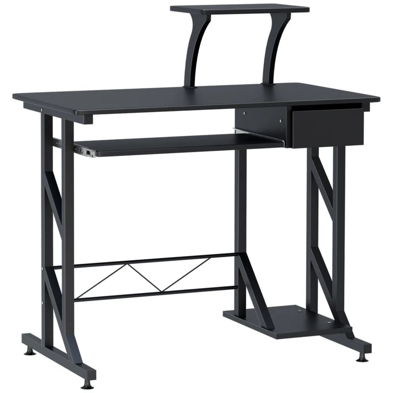 Modern Black Computer Desk with Display Stand, Sliding Keyboard Tray, and Host Box Shelf for Home Office Workstation
