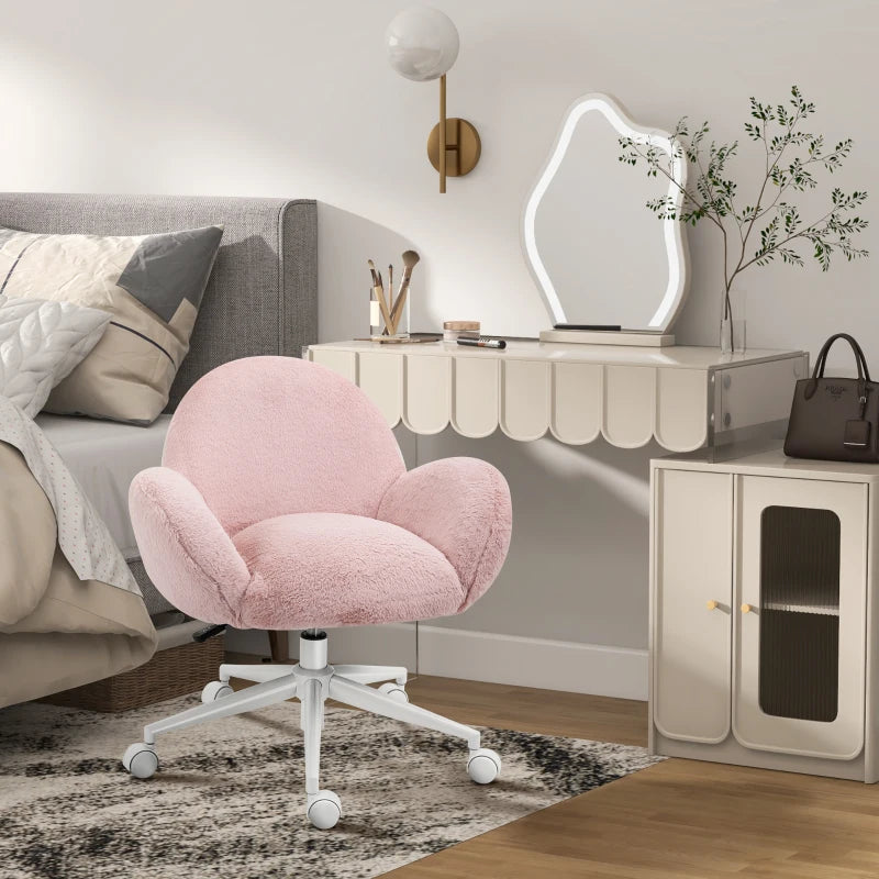Cute Pink Makeup Vanity Chair with Fluffy Cushion & Rolling Wheels - Stylish Desk Chair for Bedroom & Living Room