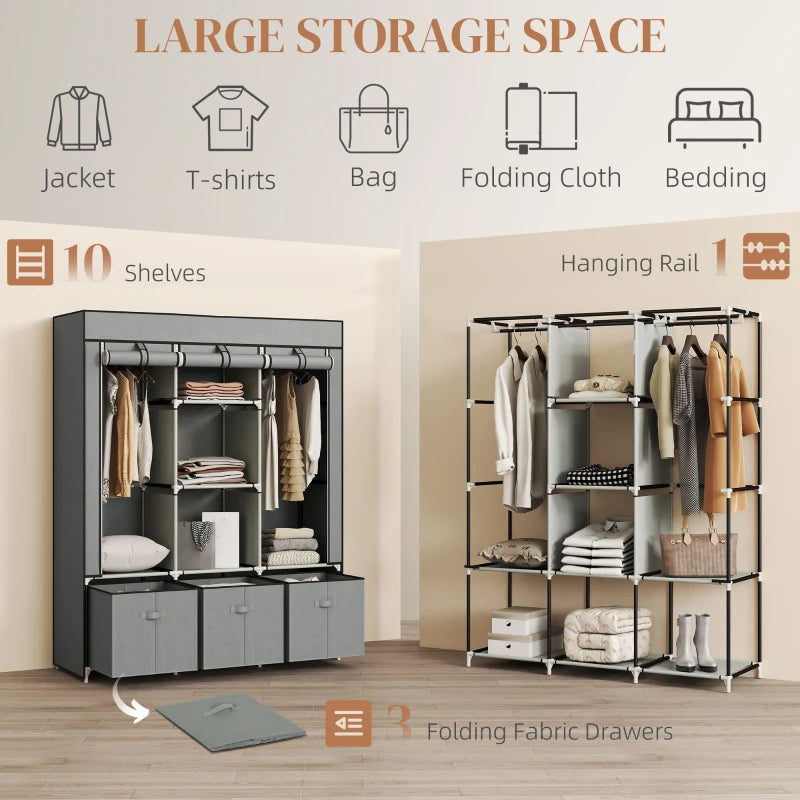 Portable Fabric Wardrobe with Shelves and Hanging Rails for Bedroom Storage Light Grey