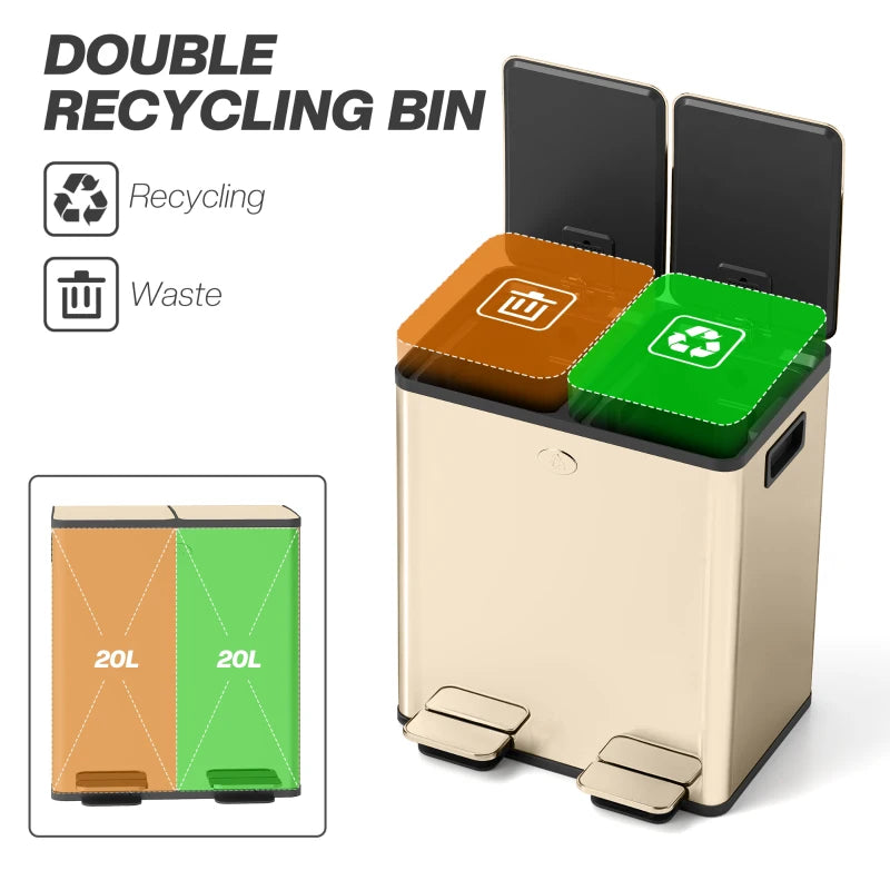 40L Dual Compartment Stainless Steel Trash Bin with Deodoriser Holders - Elegant Gold Tone for Modern Kitchens
