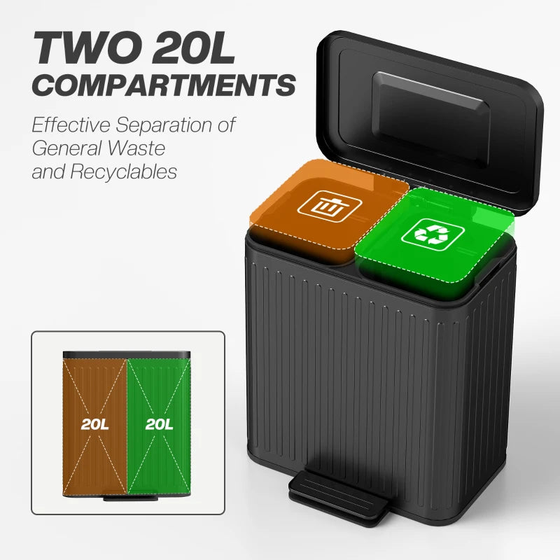 40L Dual Compartment Rubbish Bin with Soft-Close Lid - Stylish Black Trash Can for Kitchen & Home Organization