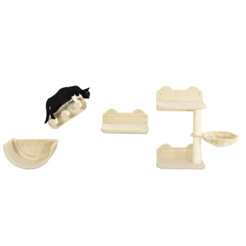 4PC Wall-Mounted Cat Shelves Set with Scratching Post, Hammock & Nest - Beige Cat Furniture for Climbing & Relaxing