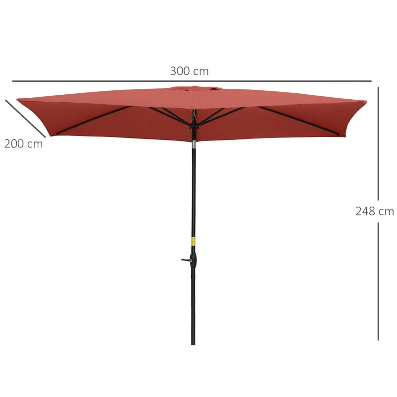 Rectangular Wine Red Garden Parasol Umbrella, 2x3m, Crank Tilt, Aluminium Pole