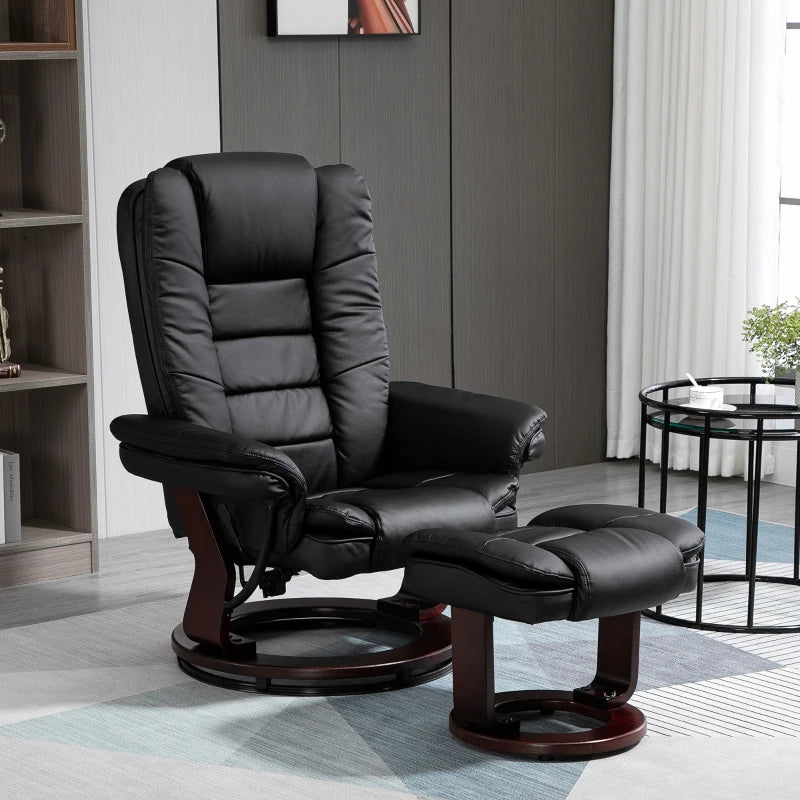 Ergonomic Recliner Chair with Footstool, 130kg Capacity, 135° Reclining Swivel Sofa for Living Room, Black PU Leather