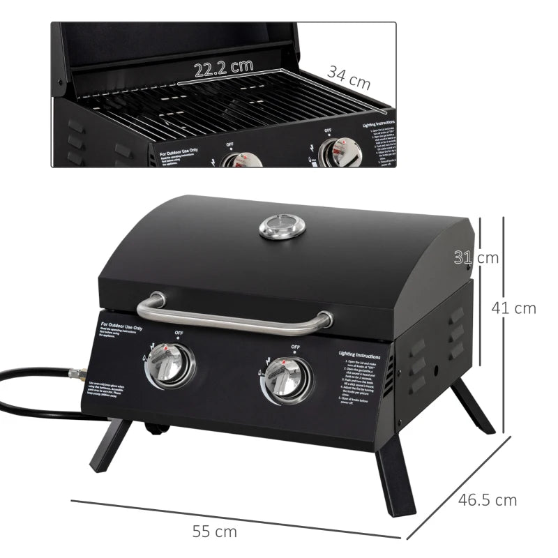 Portable Black 2-Burner Gas BBQ Grill with Lid and Thermometer