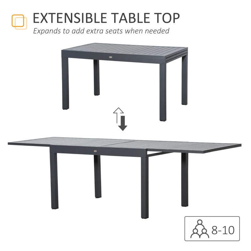 Grey Extendable Outdoor Dining Table, 10 Seater, Aluminium Frame, 135-270cm x 90cm x 75cm