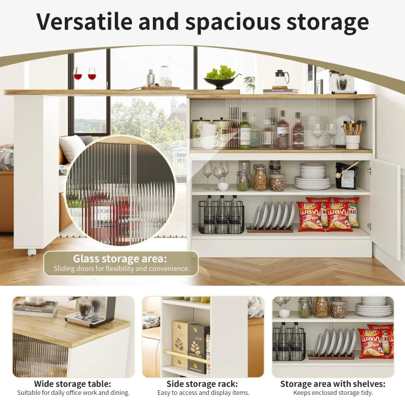 Multifunctional Bar Cabinet with Sliding Glass Doors & 360° Rotating Table - Stylish Storage for Dining Room, White, 90L x 120W x 100H cm