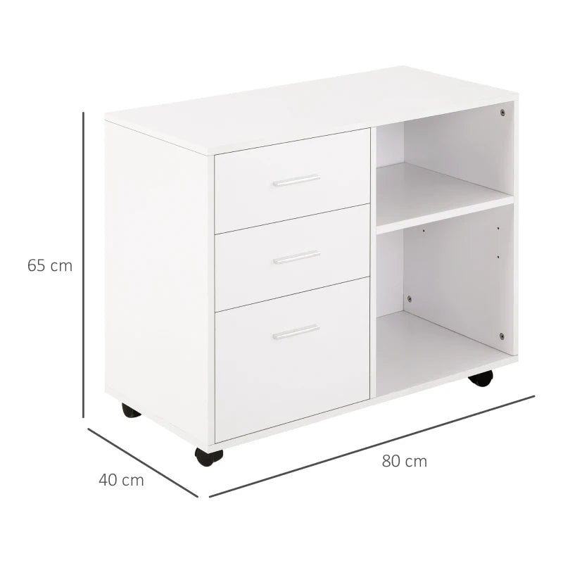 Modern Freestanding Printer Stand with Wheels - Office Desk Storage Unit, 3 Drawers & 2 Open Shelves, White, 80x40x65 cm