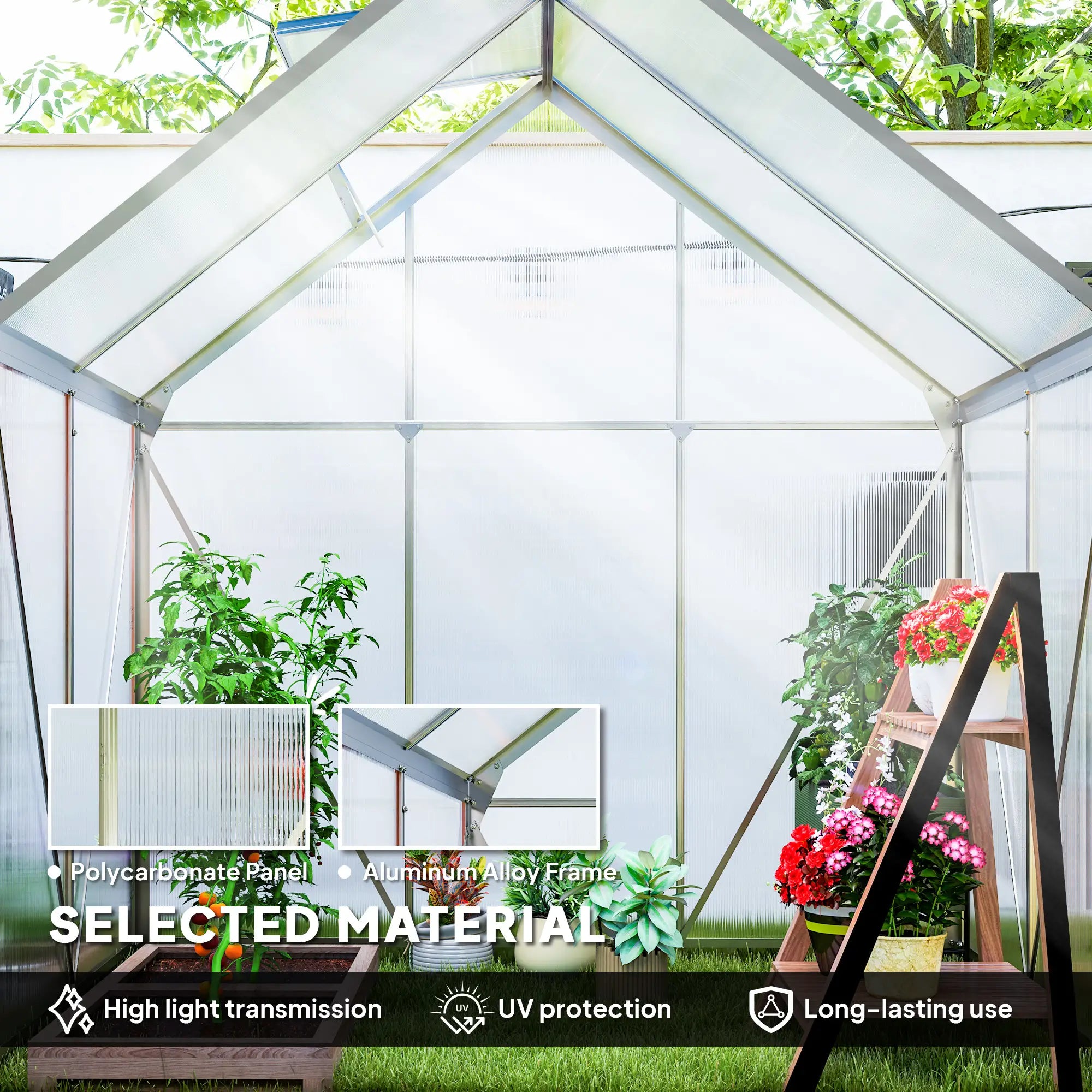 192.5cm x 131cm Walk-In Polycarbonate Greenhouse - Silver-Tone With Window hatch