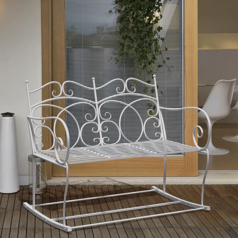 White Steel Rocking Loveseat Bench for Outdoor Gardens - 2 Seater