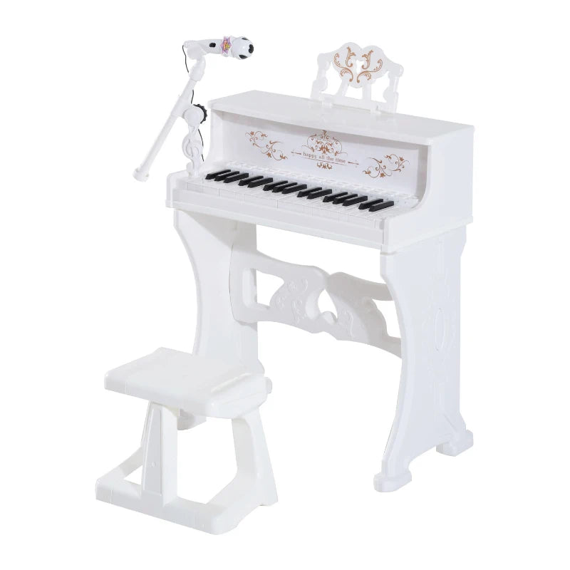 Kids Mini Piano Keyboard Set - Light-Up Electronic Grand Piano Toy with Stool, Microphone & Music Stand - Educational Musical Instrument (White)