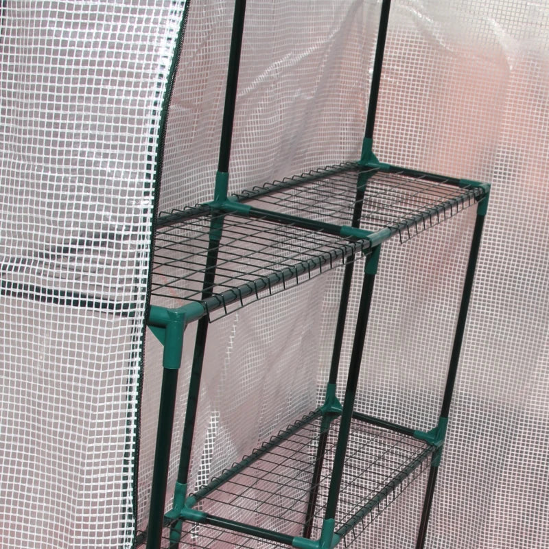 Portable Greenhouse with 2 Tier Shelf, Roll-Up Door, PE Cover - Green, 143x143x195cm