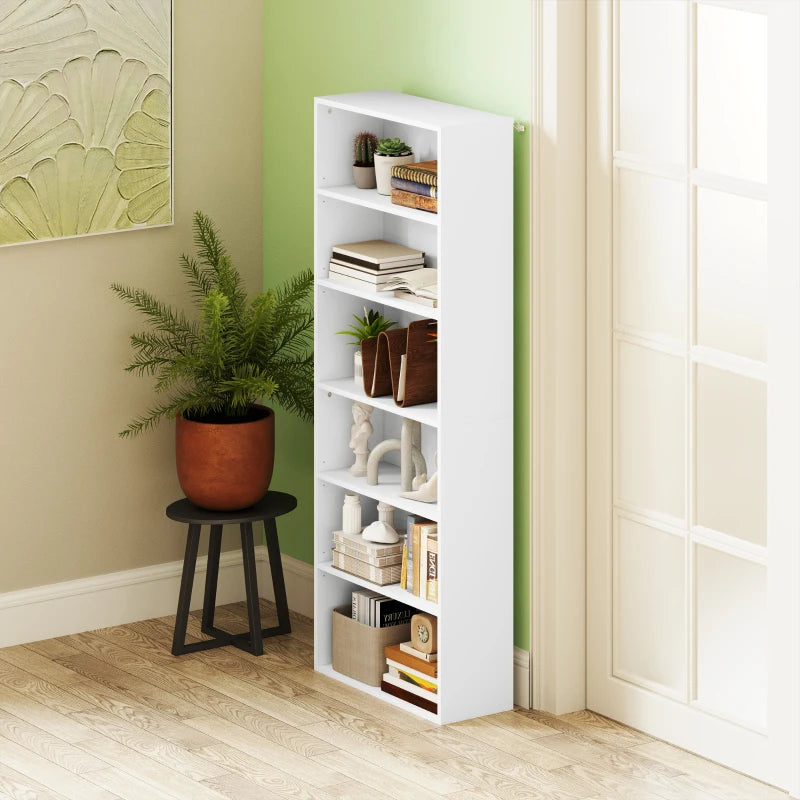 Modern White Six Shelf Bookcase - Stylish Storage Solution for Home or Office, Perfect for Organizing Books and Decor
