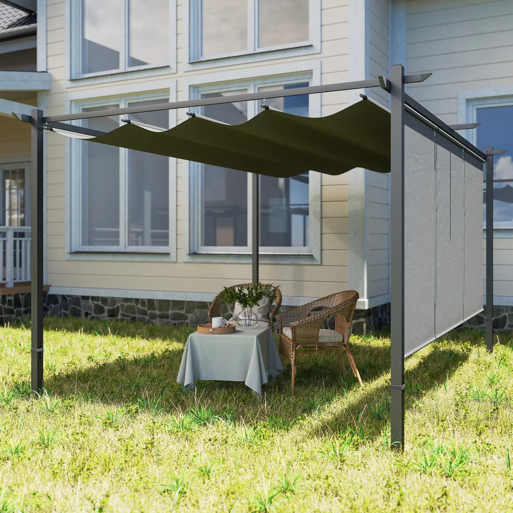 3m x 4m Metal Pergola with Retractable Roof and Roller Shade, Wall-Mounted or Free Standing Garden Gazebo Canopy - UPF30+