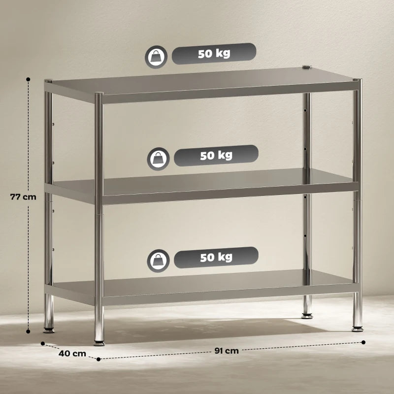 3-Tier Stainless Steel Bakers Rack with Adjustable Shelves - Kitchen Storage Unit for Spices, Pots & Pans - Silver Tone