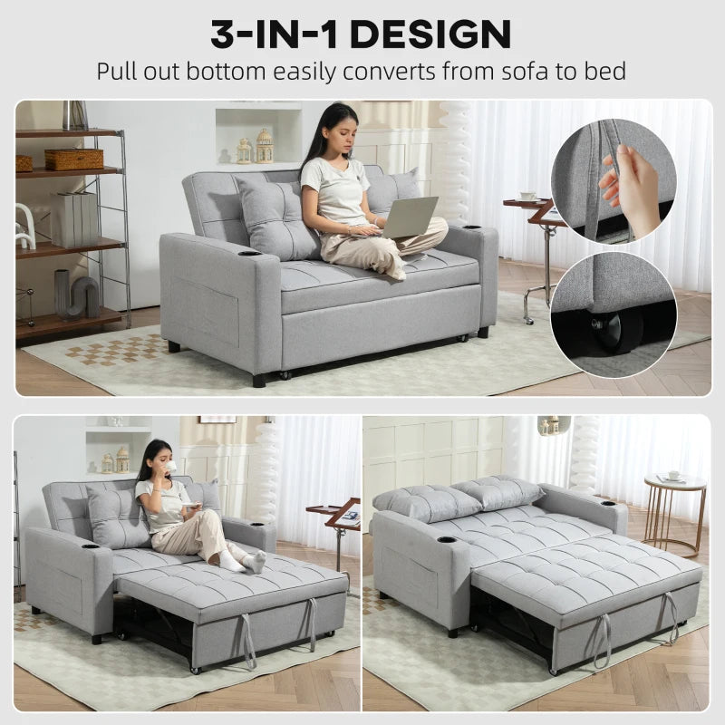Light Grey Two-Seater Pull-Out Sofa Bed for Compact Living Spaces
