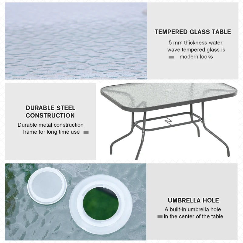 Grey Outdoor Dining Table with Glass Top and Parasol Hole - 120x80cm