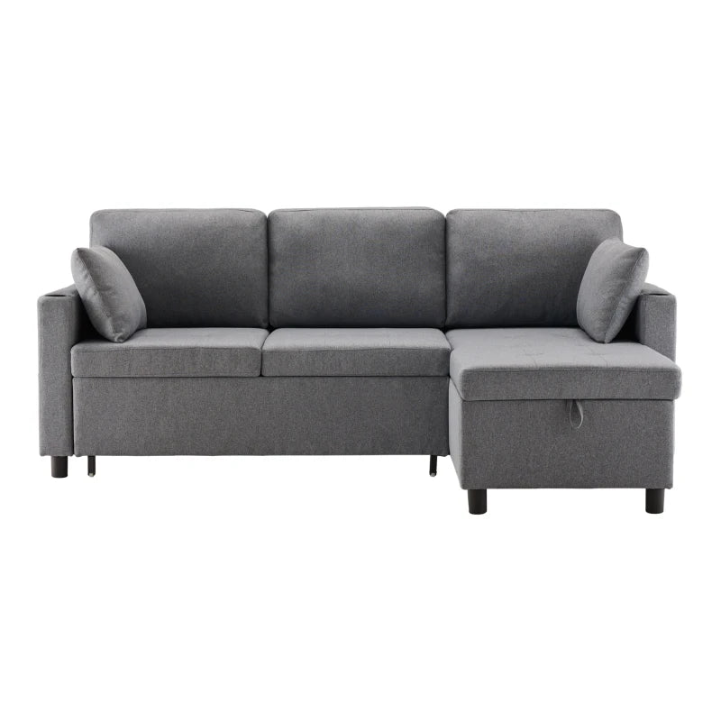 L-Shaped Linen Look Corner Sofa Bed with Storage, 3 Seater Pull-Out Settee, Grey, 212x141x87.5 cm