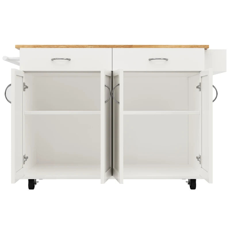Waterproof Kitchen Island Trolley with Rolling Casters & Adjustable Shelf - Elegant White Kitchen Cart with Folding Side Board, 128L x 78W x 90.5H cm