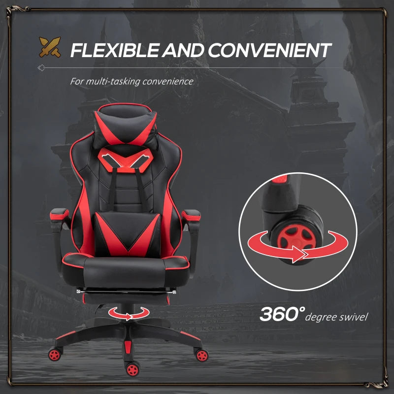 Vinsetto Racing Gaming Chair with Lumbar Support & Footrest - PU Leather Gamer Desk Chair with Headrest & Swivel Wheels, Red