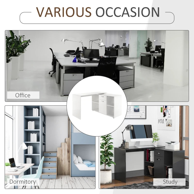 L-Shaped White Computer Desk with Storage, Drawer & Cabinet - Corner Laptop PC Workstation for Home Office, 120x115x76cm