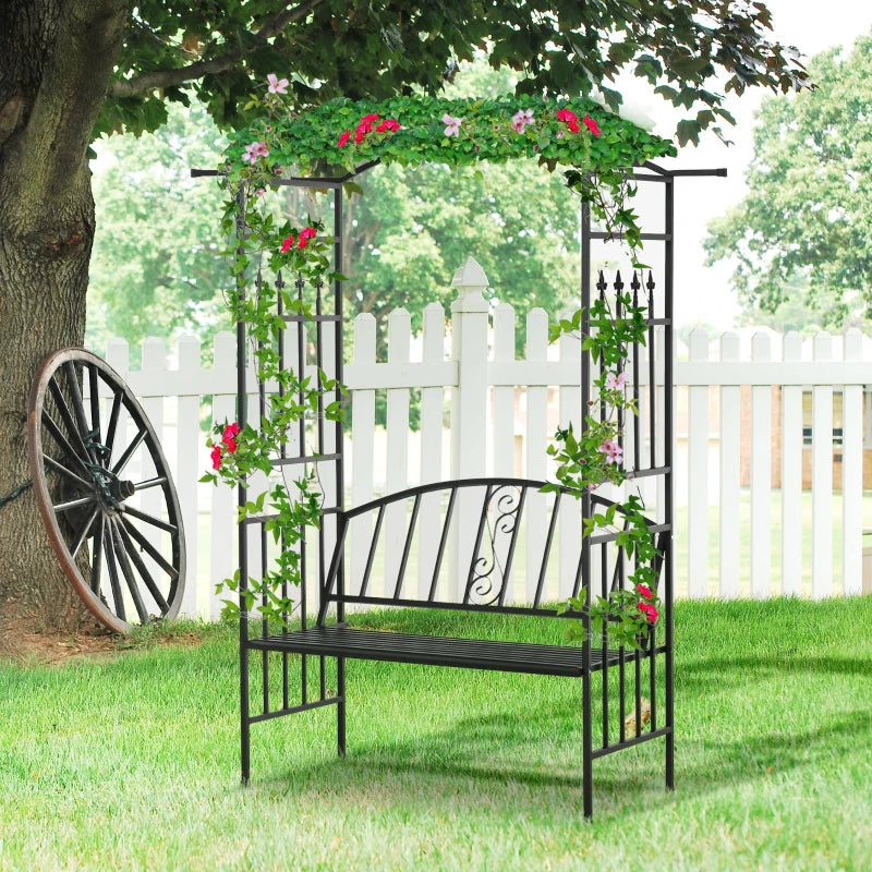 Black Steel Garden Arch with 2-Seater Bench