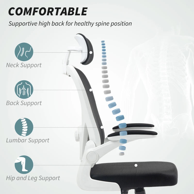 Ergonomic Executive Office Chair - High Back Mesh Desk Chair with Flip-Up Armrests, Rotatable Headrest & Adjustable Lumbar Support - Black