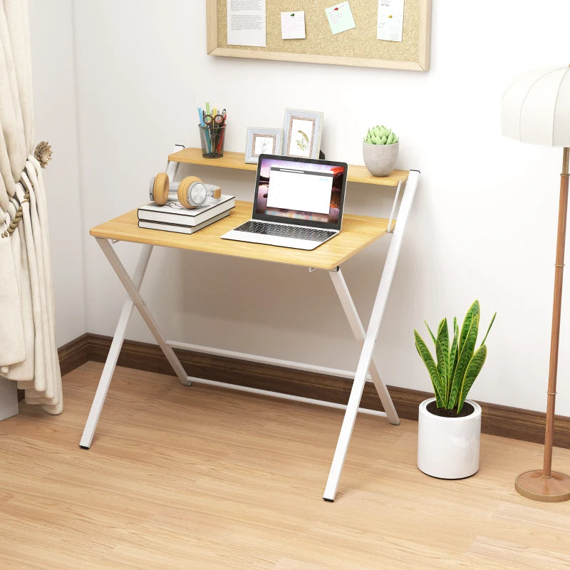Compact Folding Desk for Small Spaces - Foldable Computer Desk with Storage Shelf, 2-Tier Writing Table, Maple Wood-effect, 86x66x82 cm