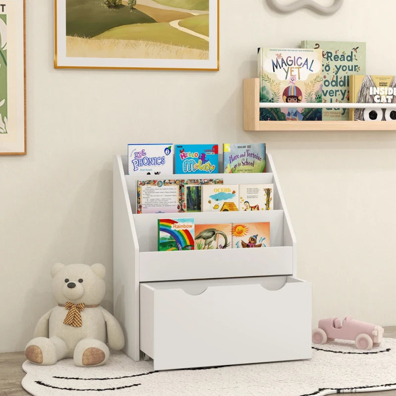 White Kids Bookcase with Shelves & Drawer - Perfect Storage for Bedroom & Playroom - Stylish & Functional Design