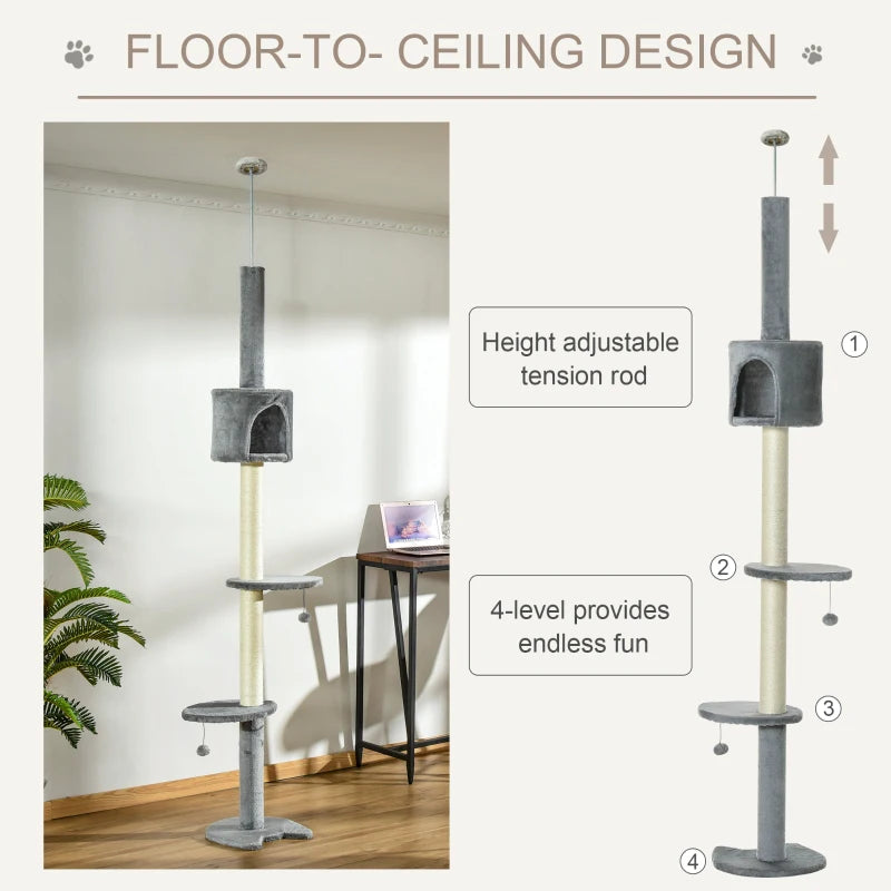 Light Grey Floor to Ceiling Cat Tree - Multi-Layer Condo & Activity Center for Indoor Cats with Scratching Post & Hanging Balls