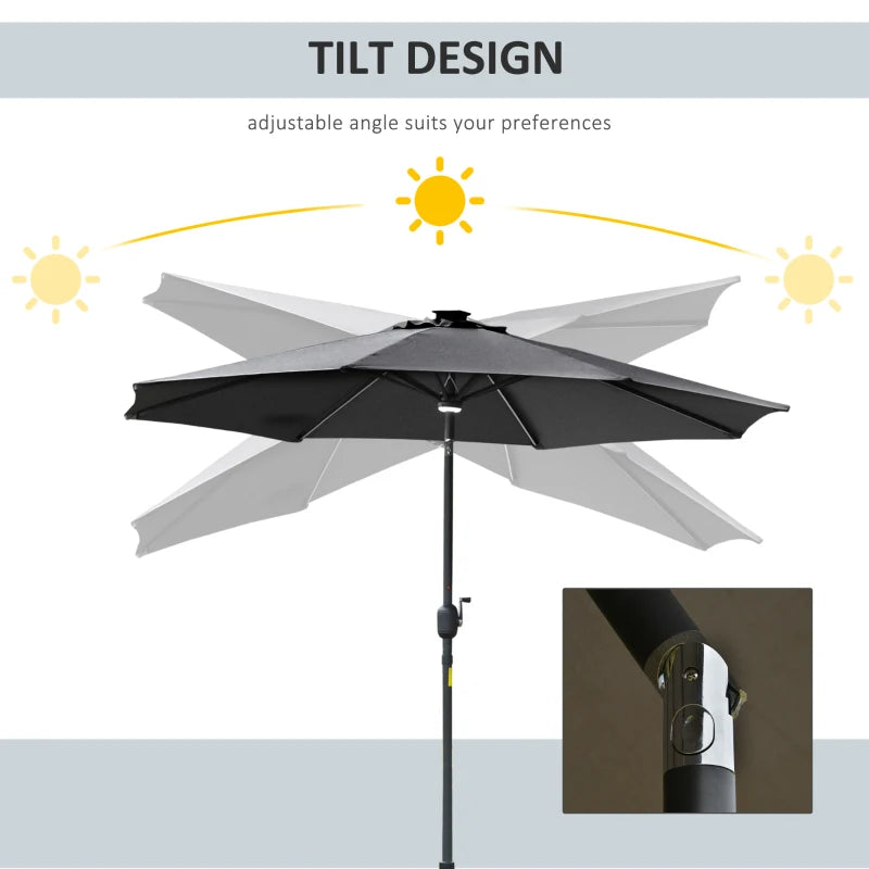 Grey Solar LED Garden Parasol - 2.7m Sun Umbrella