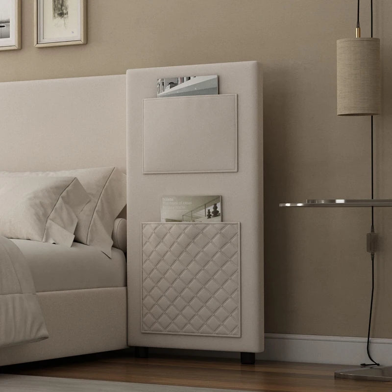 Beige Upholstered Double Bed Frame with Storage Drawers & Headboard Pockets - Velvet & Plywood, 229L x 222.5W x 87.5H cm