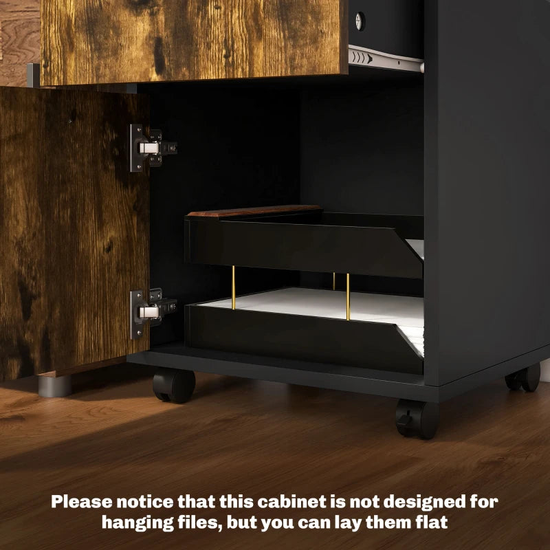 60cm Rustic Brown Filing Cabinet with Drawer & Open Shelf, Mobile Office Organizer on 4 Wheels, Metal Handles