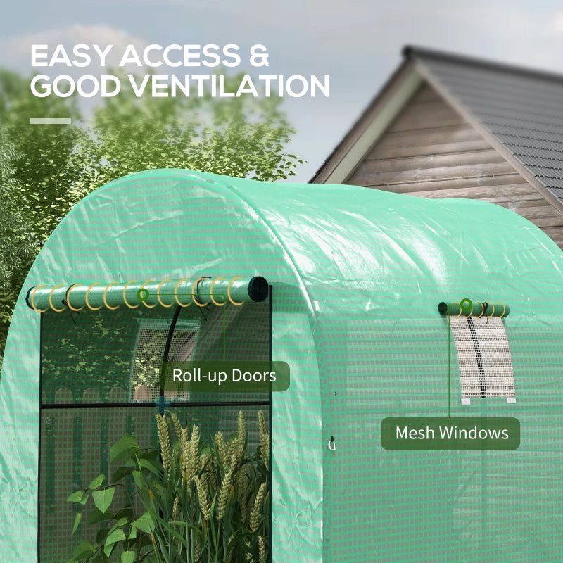 Green Walk-in Polytunnel Greenhouse with UV-Resistant Cover, Doors, and Windows, 1.8 x 1.8 x 2m