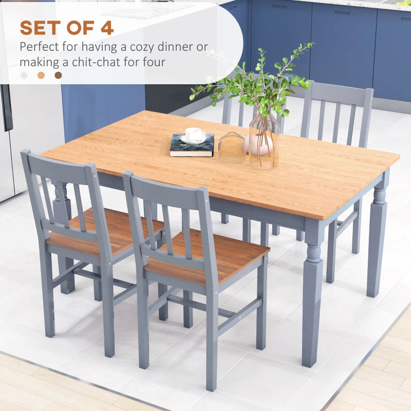 Set of 4 Grey Dining Chairs with Slat Back, Pine Wood Kitchen Chairs for Living Room & Dining Room