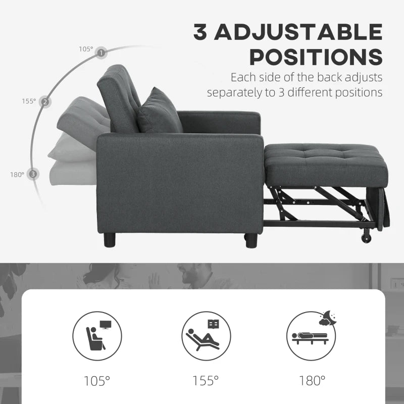 Convertible 3-in-1 Chair Bed with Adjustable Backrest, Pillow and Footrest for Living Room in Dark Grey
