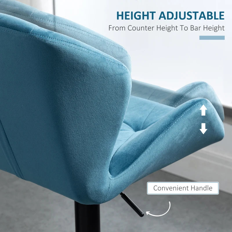 Luxurious Velvet Bar Stools Set of 2 - Adjustable Height Swivel with Metal Frame, Round Base, Blue Triangle Design