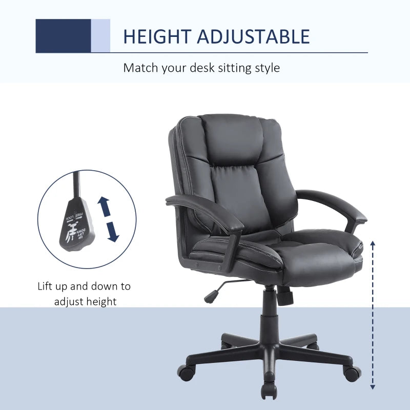 Ergonomic PU Leather Office Chair - Adjustable Mid Back Executive Desk Chair with Swivel Wheels for Home & Study, Black