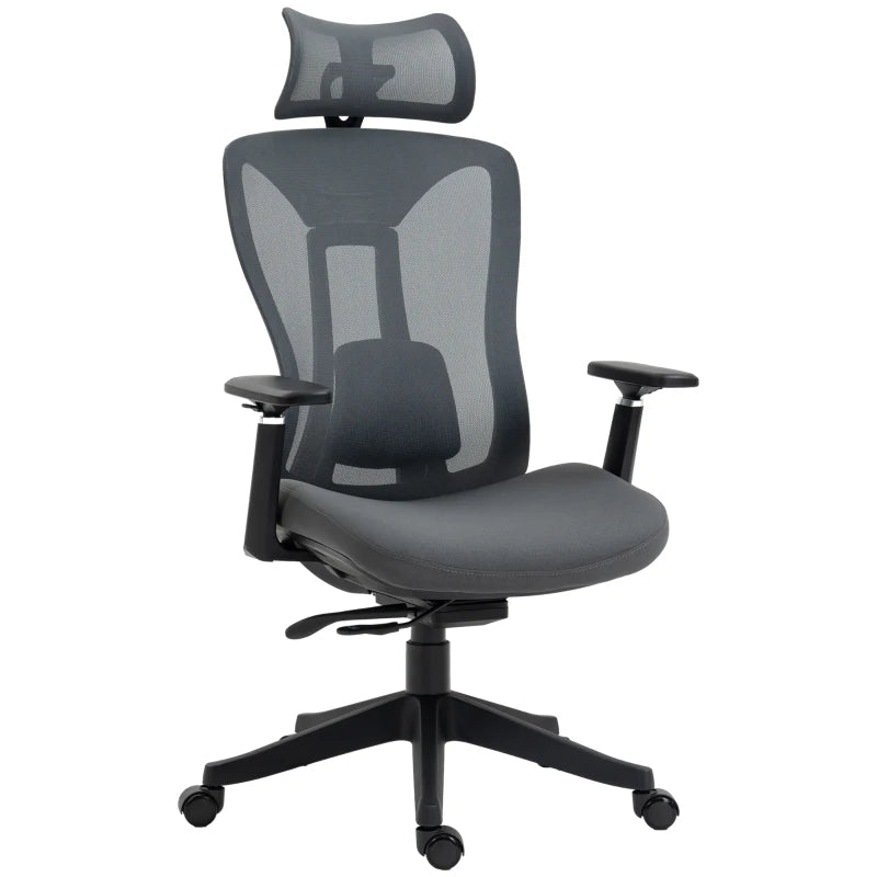 Vinsetto Ergonomic Mesh Office Chair with Adjustable Headrest, Lumbar Support, 135° Recline & 3D Armrests - Grey