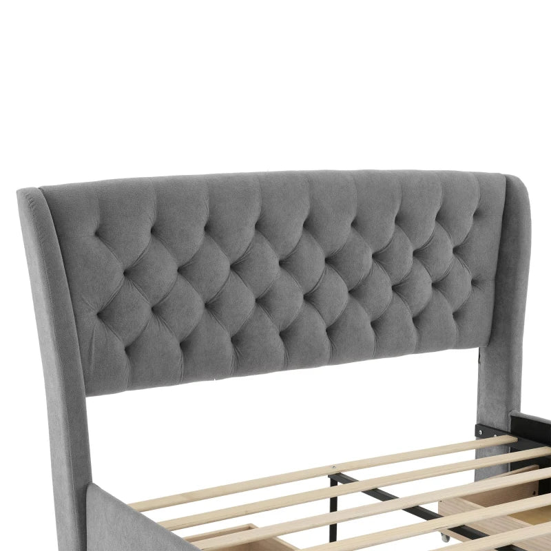Grey Upholstered Storage Bed with 4 Drawers & Soft Backrest - Metal Frame, 204L x 156W x 106H cm