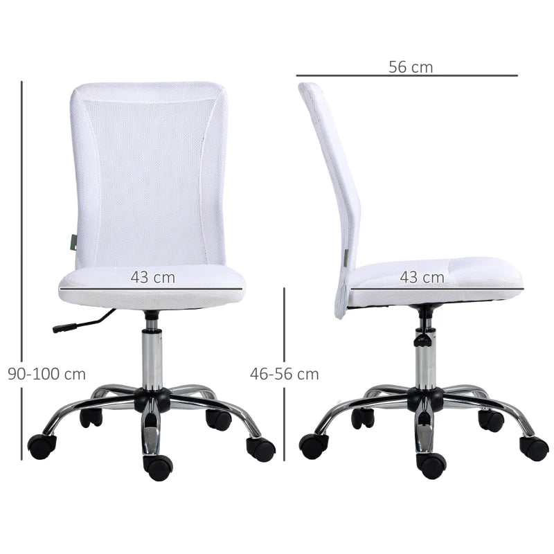 Vinsetto Adjustable Mesh Office Chair - Armless Swivel Desk Chair with Height Control, Modern White Design for Home & Office