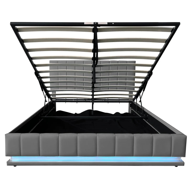 Ottoman Double Bed with Hydraulic Storage & LED Lighting - PU Leather Frame, Adjustable Headboard, Grey, 193x142x101-111 cm